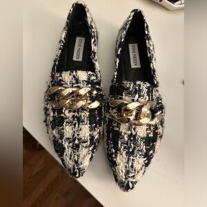 Steve Madden Tweed Navy Flats with gold accent